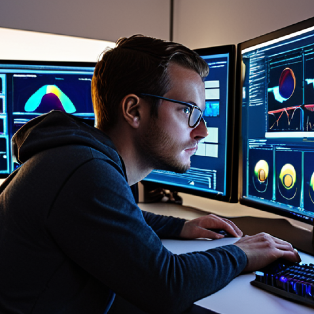 The AI Architect's Command Center**

A detailed, low-angle shot of a dedicated AI developer working intently at a futuristic, ergonomic workstation. Prominently featured are a cutting-edge GPU, visibly glowing with a soft, internal light, symbolizing its computational power, and multiple sleek monitors displaying complex neural network diagrams, flowing code, and vibrant data visualizations. The developer's face is illuminated by the screen's glow, reflecting deep concentration. The overall atmosphere is one of high-tech efficiency and deep intellectual engagement, with subtle digital lines and nodes connecting components, emphasizing the "solid foundation" of hardware and software. Dynamic, professional lighting, with a slightly darker background to make the screens and GPU pop. Ultra-realistic digital painting, 8K, high detail.

**