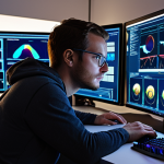 The AI Architect's Command Center**

A detailed, low-angle shot of a dedicated AI developer working intently at a futuristic, ergonomic workstation. Prominently featured are a cutting-edge GPU, visibly glowing with a soft, internal light, symbolizing its computational power, and multiple sleek monitors displaying complex neural network diagrams, flowing code, and vibrant data visualizations. The developer's face is illuminated by the screen's glow, reflecting deep concentration. The overall atmosphere is one of high-tech efficiency and deep intellectual engagement, with subtle digital lines and nodes connecting components, emphasizing the "solid foundation" of hardware and software. Dynamic, professional lighting, with a slightly darker background to make the screens and GPU pop. Ultra-realistic digital painting, 8K, high detail.

**