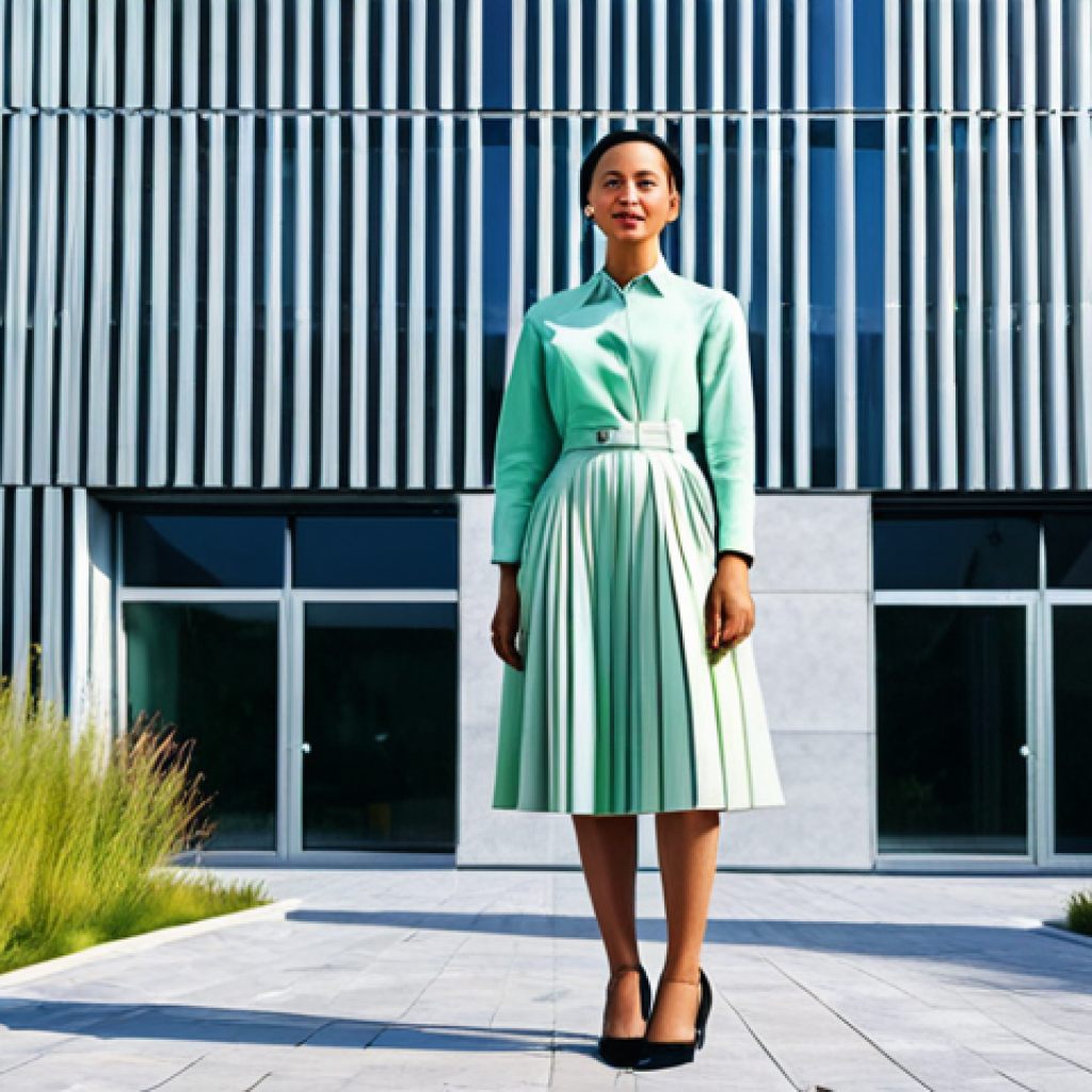 **

A professional architect, fully clothed in a stylish yet modest outfit, stands in front of a modern, eco-friendly building she designed, appropriate attire, safe for work, perfect anatomy, natural proportions, professional photography, bright daylight, sustainable design features visible.

**