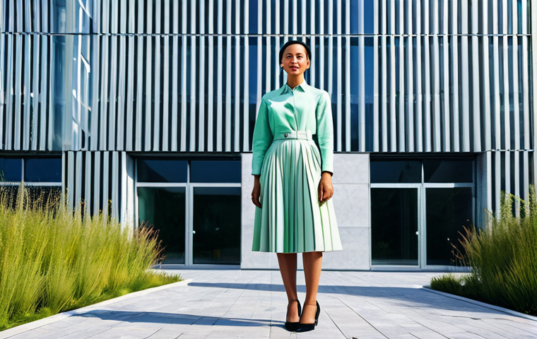 **
A professional architect, fully clothed in a stylish yet modest outfit, stands in front of a modern, eco-friendly building she designed, appropriate attire, safe for work, perfect anatomy, natural proportions, professional photography, bright daylight, sustainable design features visible.
**
