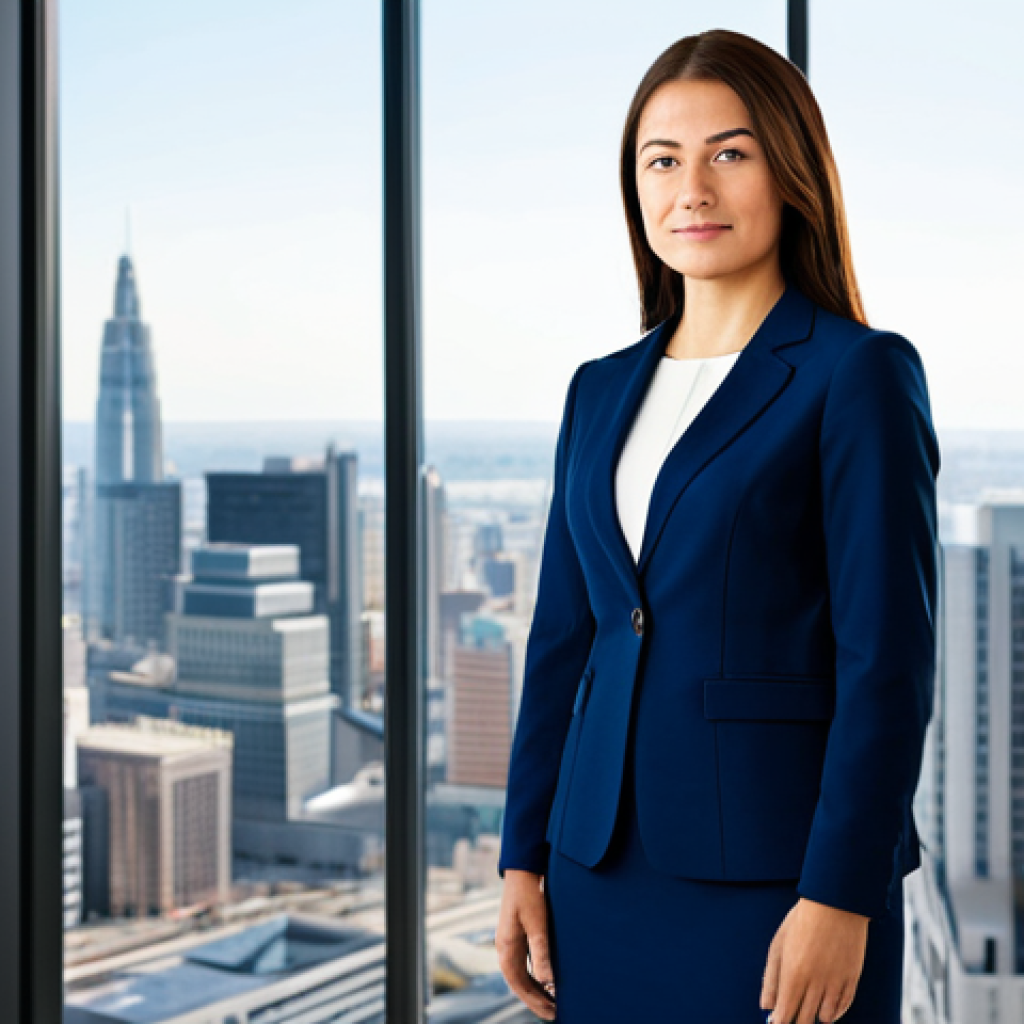 전이 학습에서의 모델 선택 전략 - Modern Office Setting**
"A professional businesswoman, fully clothed in a modest navy blue business...
