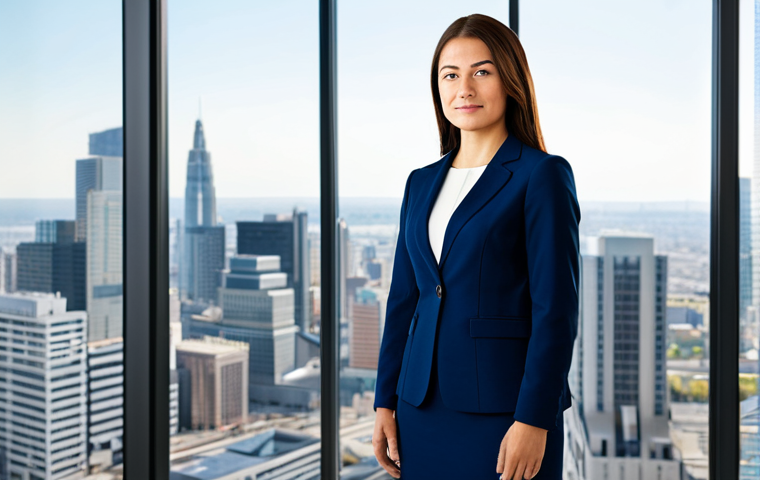 전이 학습에서의 모델 선택 전략 - Modern Office Setting**

"A professional businesswoman, fully clothed in a modest navy blue business...