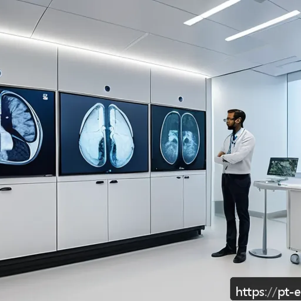 전이 학습의 응용 분야 - A high-tech Brazilian medical clinic environment showcasing advanced AI-powered diagnostic tools ana...