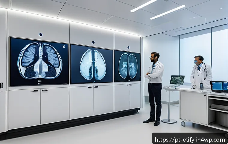 전이 학습의 응용 분야 - A high-tech Brazilian medical clinic environment showcasing advanced AI-powered diagnostic tools ana...